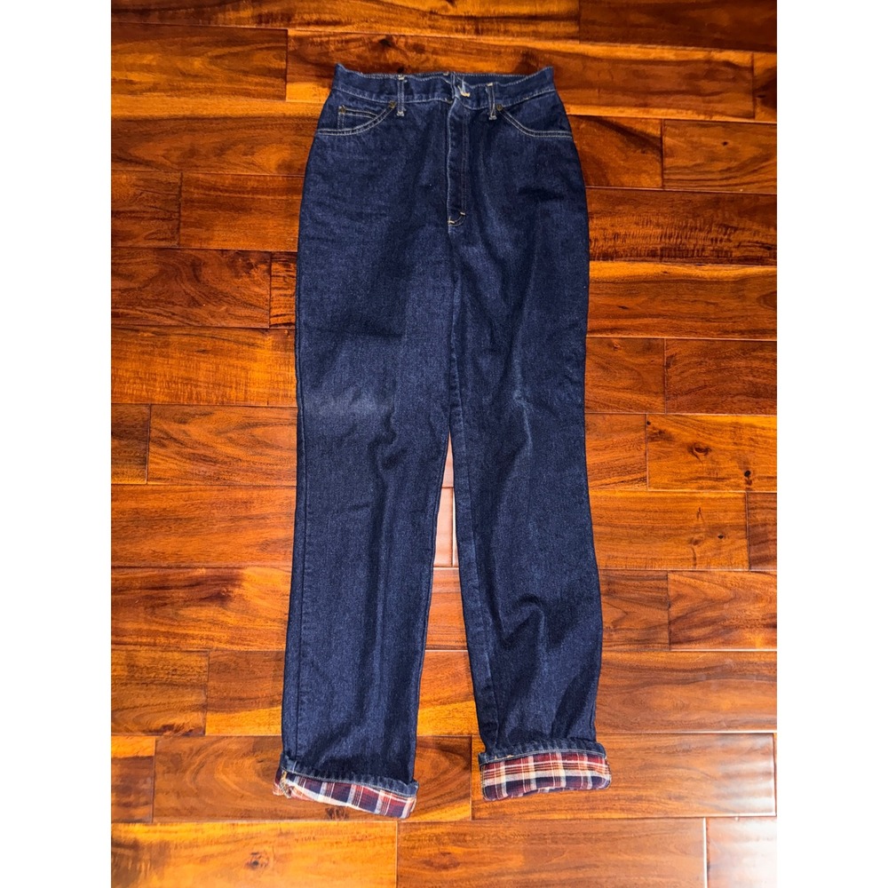 Vintage Lee Flannel Lined Denim Jeans High Waist Dark Wash Plaid USA Made 28x33